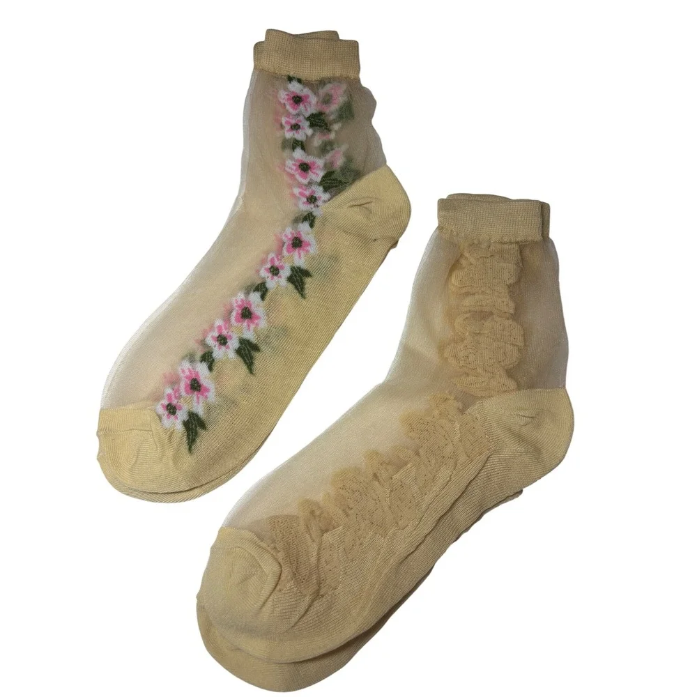 5 Pair Lot Sheer Floral Embroidered Mesh Crew Socks Yellow Cottagecore Bundle
